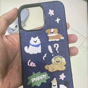 Cute Dog and Cat Embroidered Phone Case - Blue